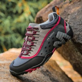Outdoor Lover Trekking Shoes Men Waterproof Hiking Shoes Mountain Boots Genuine Leather Woodland Hunting Tactical Shoes - Grey rose red - 42