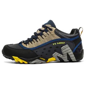 Outdoor Lover Trekking Shoes Men Waterproof Hiking Shoes Mountain Boots Genuine Leather Woodland Hunting Tactical Shoes - Dark blue yellow - 40
