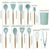 11Pcs Silicone Cooking Utensil Set Heat Resist Wooden Handle Silicone Spatula Turner Ladle Spaghetti Server Tongs - LightGreen