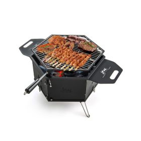 Portable Charcoal Grill Stove Rotatable with Foldable Body and Legs with Handles - Black